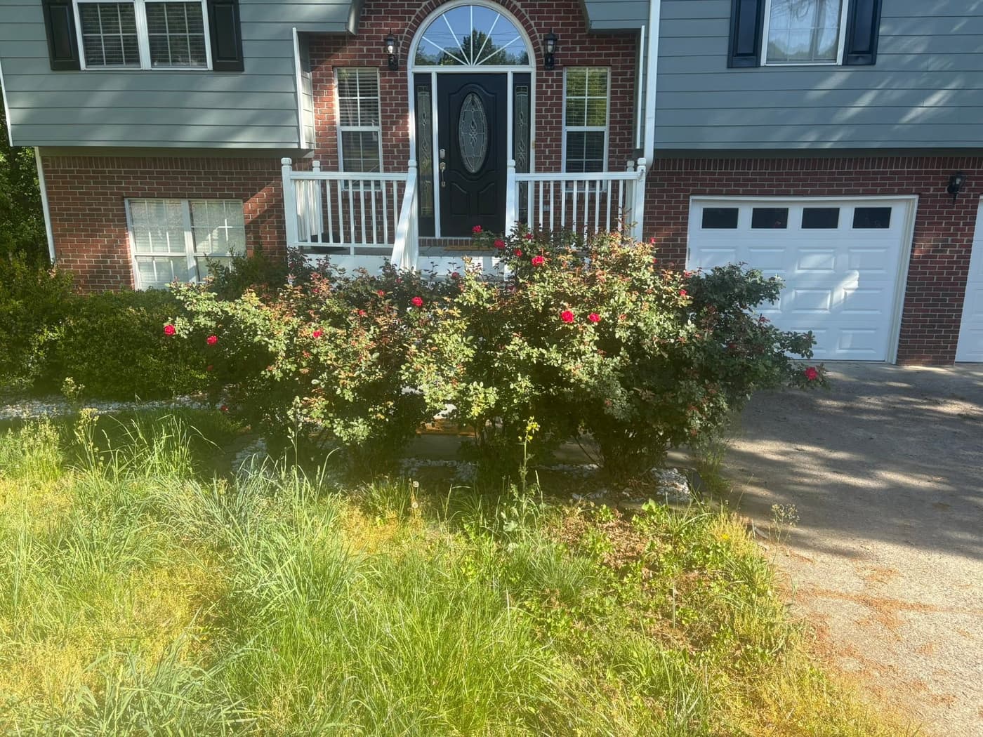 The front beds of a brick split-level home, before