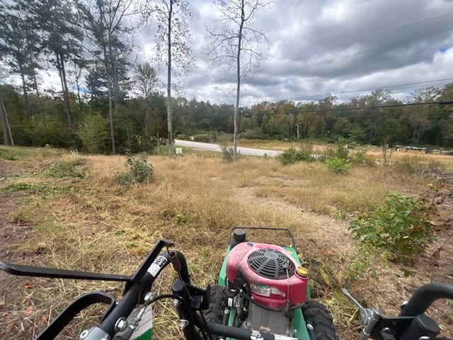 An overgrown roadside lot of waist-high grass and brush before clearing, with a walk-behind brush mower parked at the edge