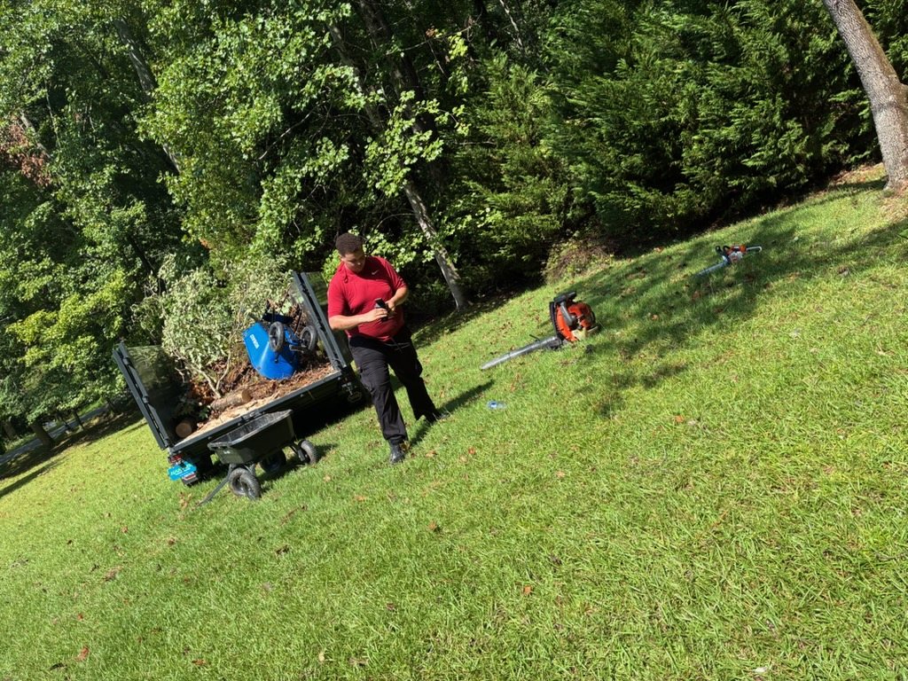 The dump trailer loaded with cut brush and limbs