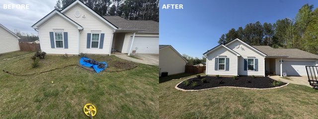 Before and after: a bare front yard, then the same house with a new mulch bed and plantings by Mason Worx