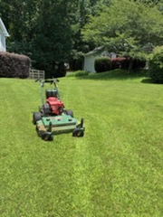 The Mason Worx walk-behind mower part-way across a freshly cut lawn